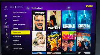 A TV showing the Tubi app with coming soon titles.