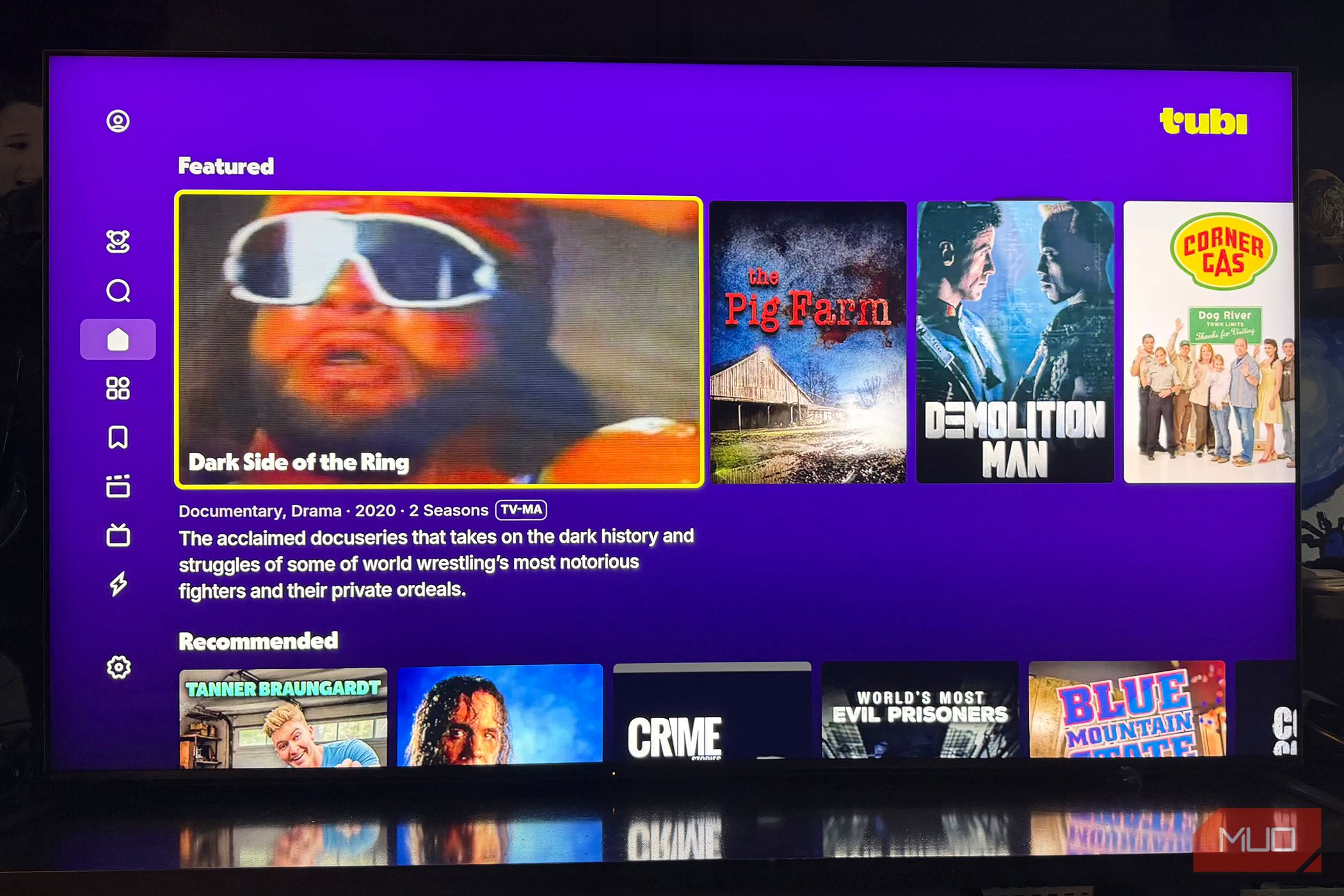 A TV showing featured content from the Tubi menu.