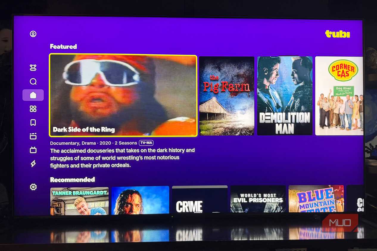 A TV showing featured content from the Tubi menu.