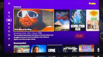 A TV showing featured content from the Tubi menu.