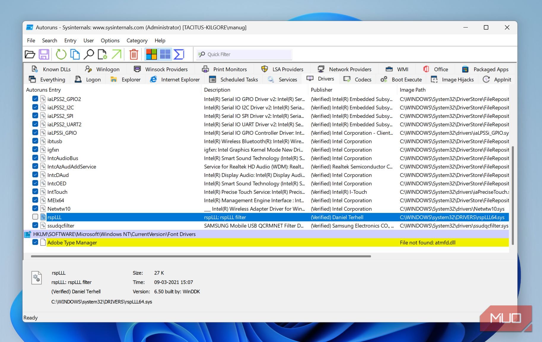 Unselecting a driver in Autoruns