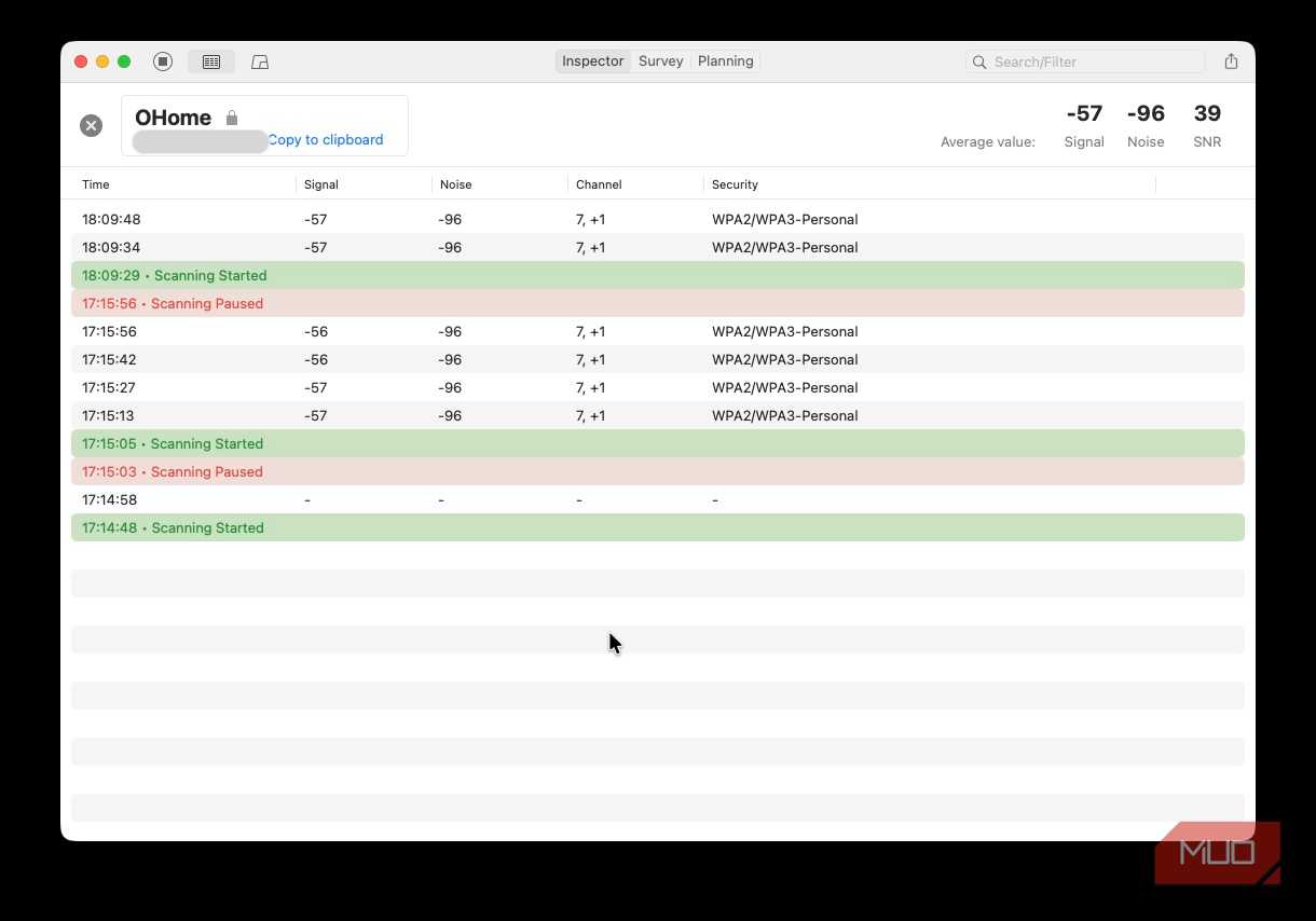 Screenshot showing Netspot analyzing a WiFi band