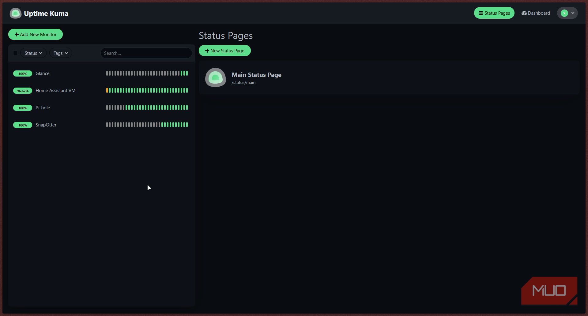 Uptime Kuma main dashboard page.