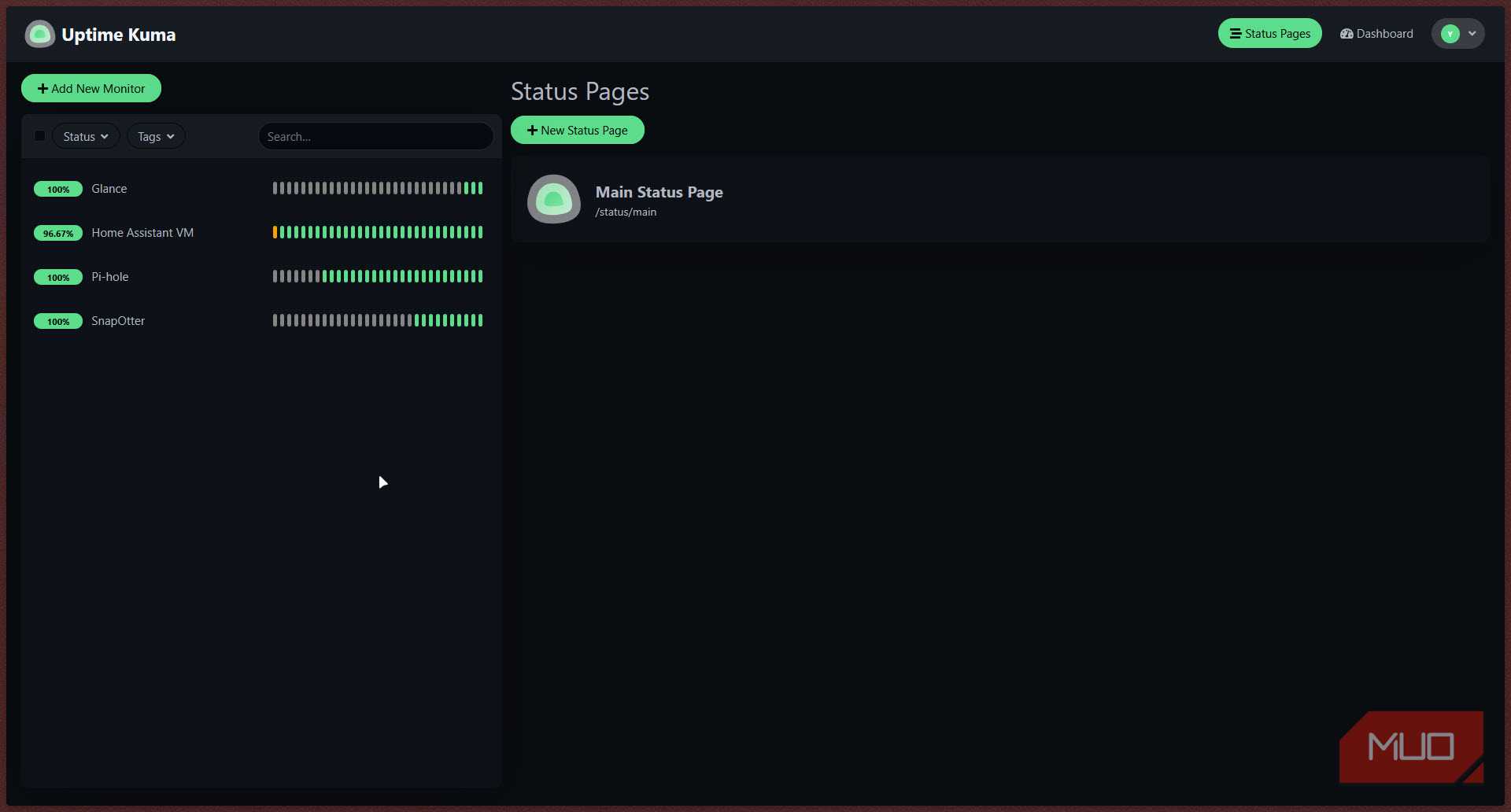 Uptime Kuma main dashboard page.