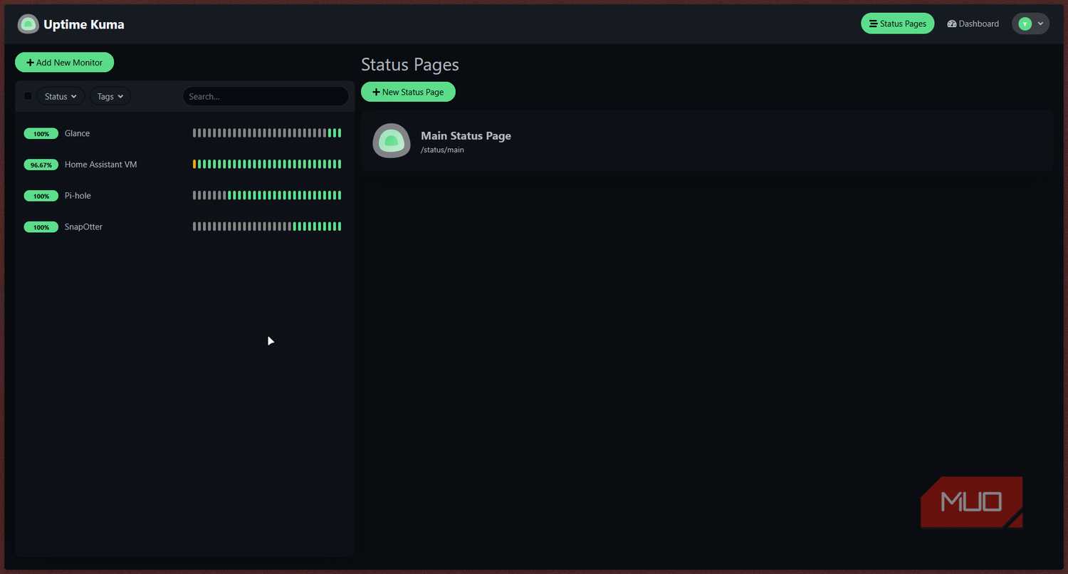Uptime Kuma main dashboard page.