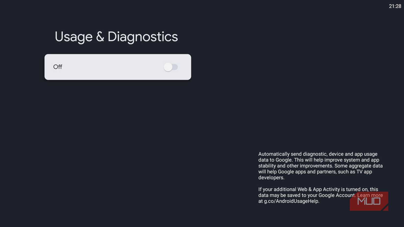 Usage and diagnostics menu on Google TV