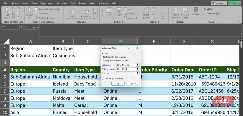 データセットの前の条件範囲を指定した Excel での高度なフィルターの使用。