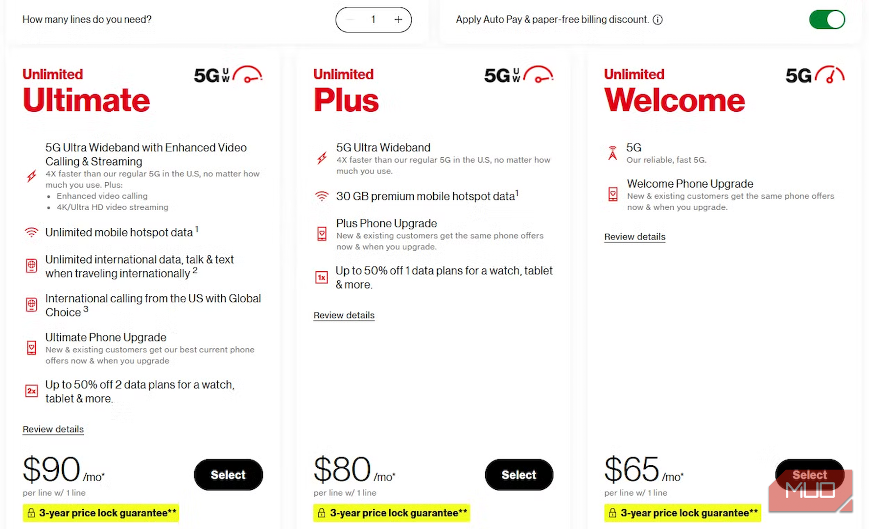 Verizon Wireless Pricing Page.