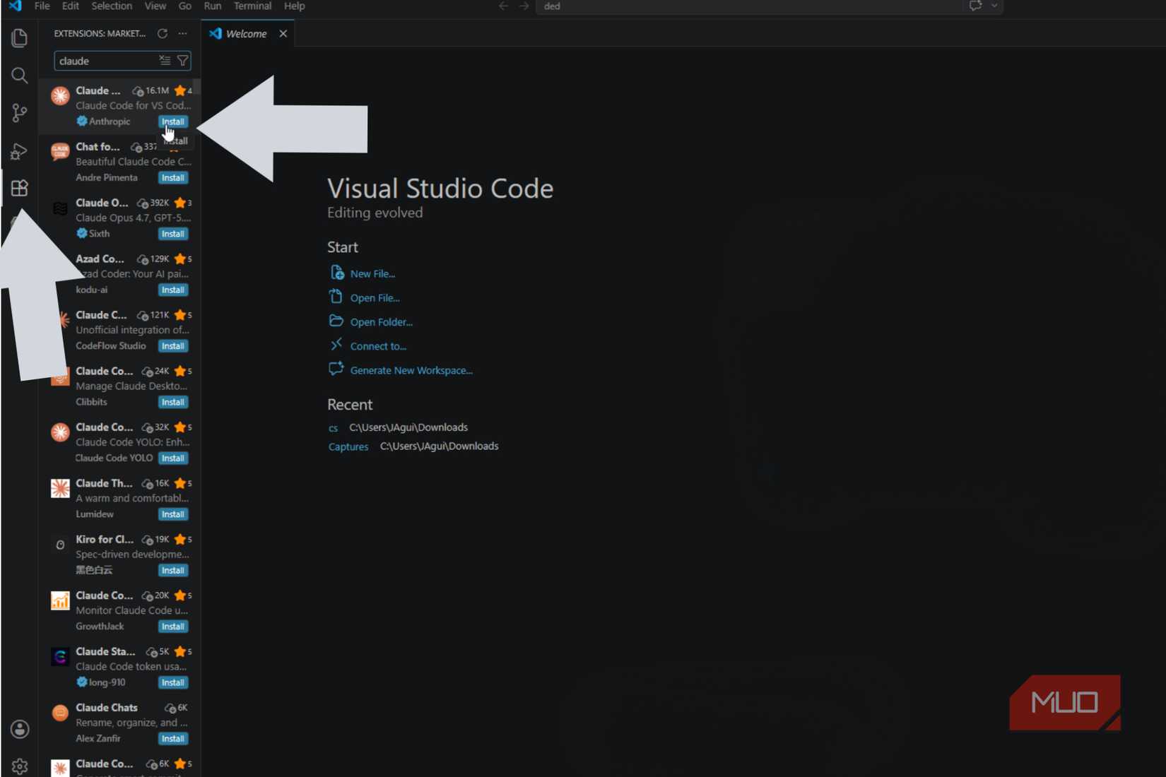Visual Studio Code Extensions Marketplace showing Claude extension install button.