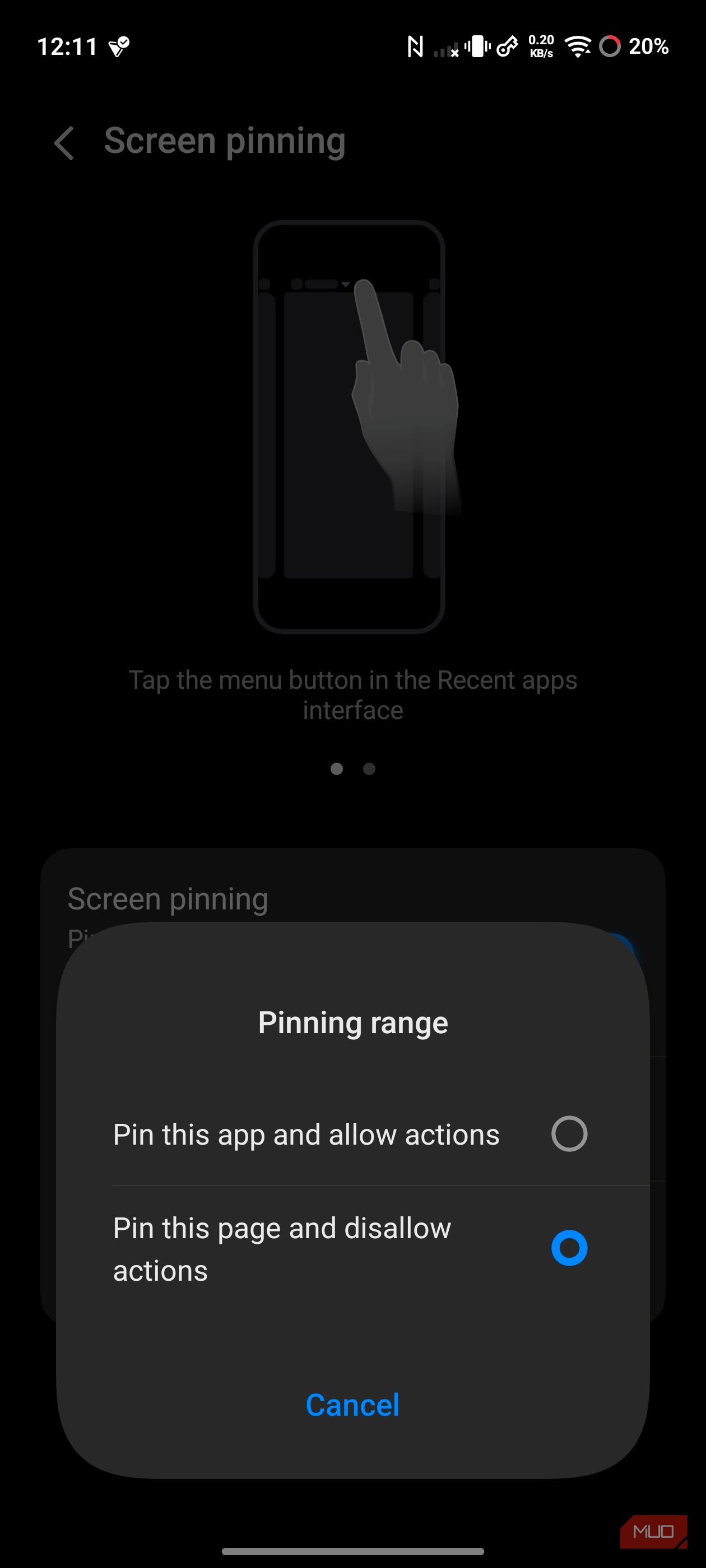 Vivo Screen pinning options showing Allow actions and Disallow actions