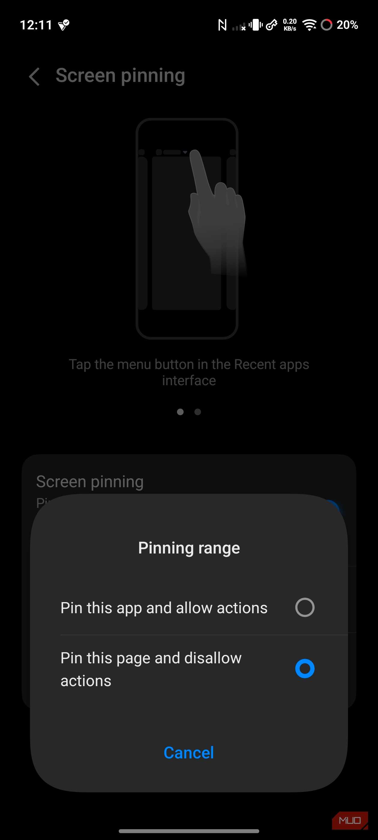 Vivo Screen pinning options showing Allow actions and Disallow actions