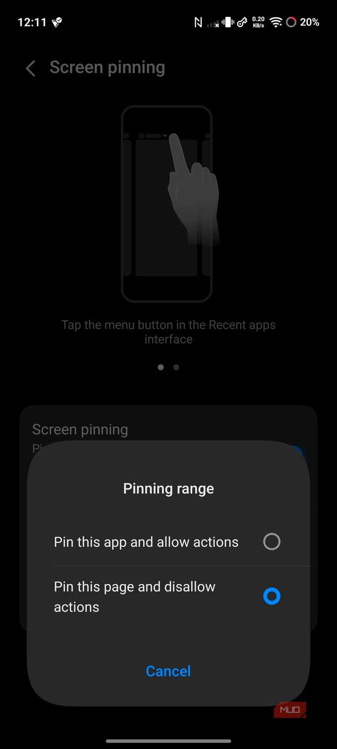 Vivo Screen pinning options showing Allow actions and Disallow actions