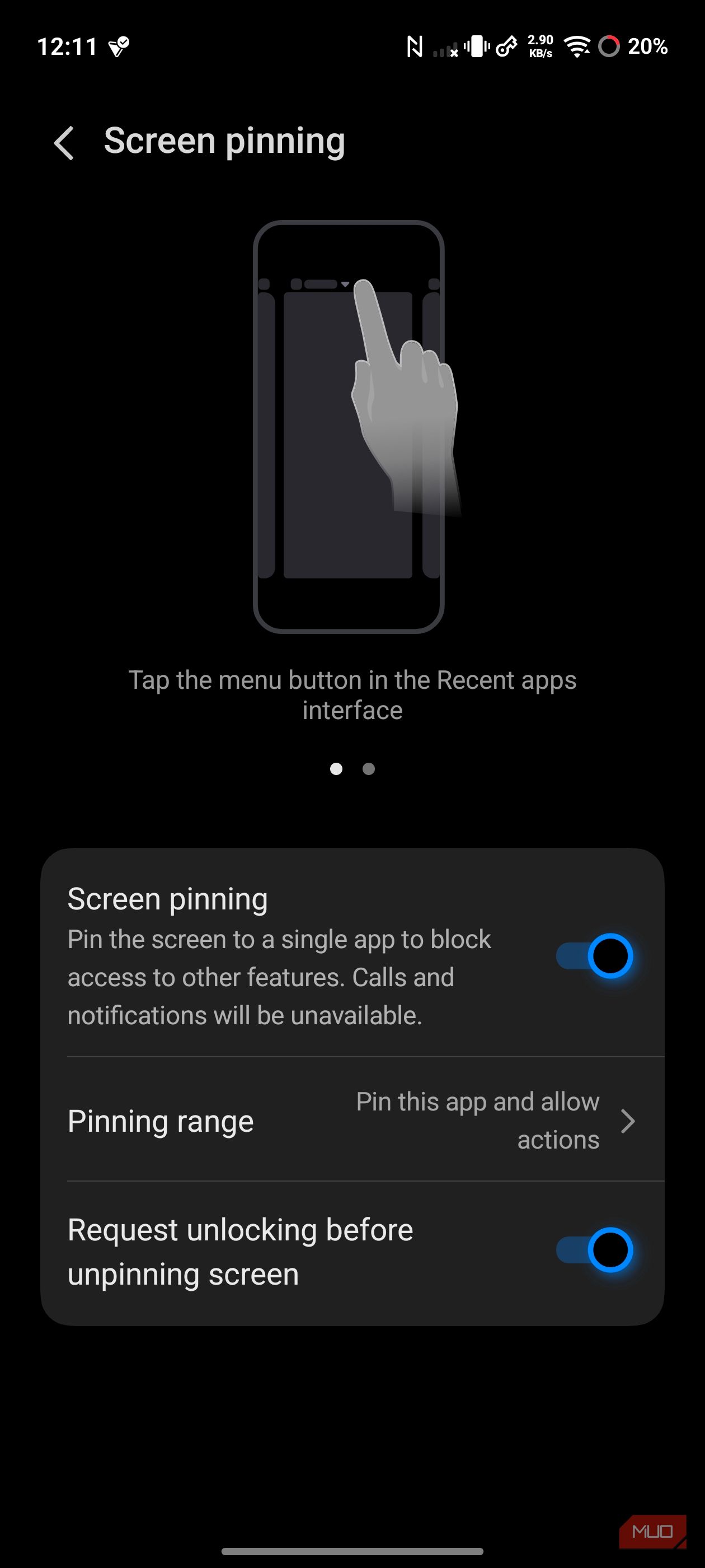 Vivo Screen pinning settings with Pinning range options