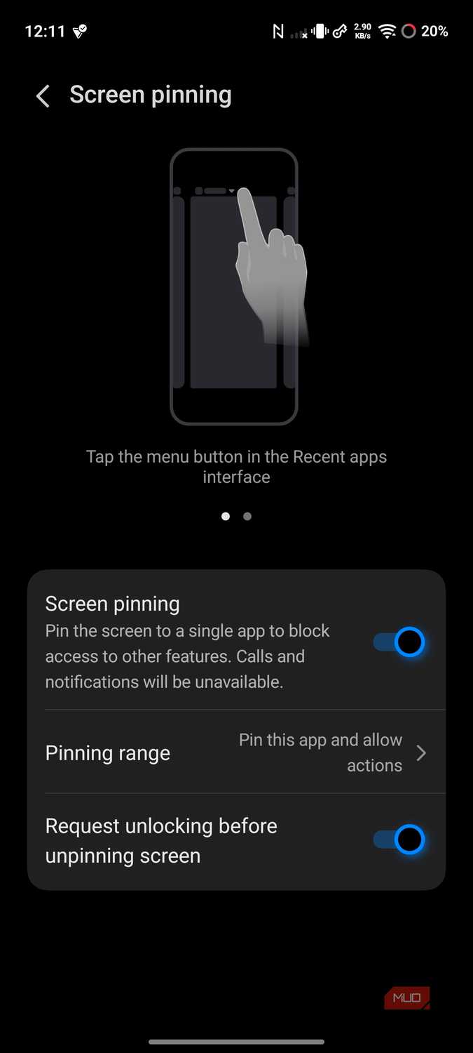 Vivo Screen pinning settings with Pinning range options
