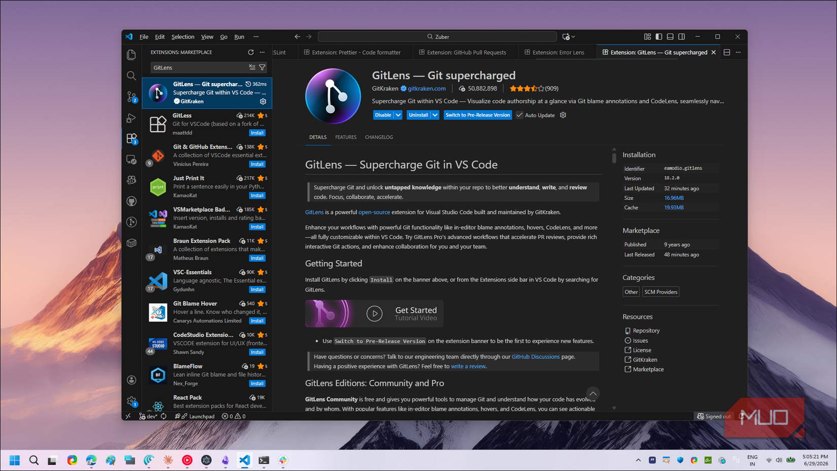 VS Code Marketplace GitLens スーパーチャージ拡張機能ページ