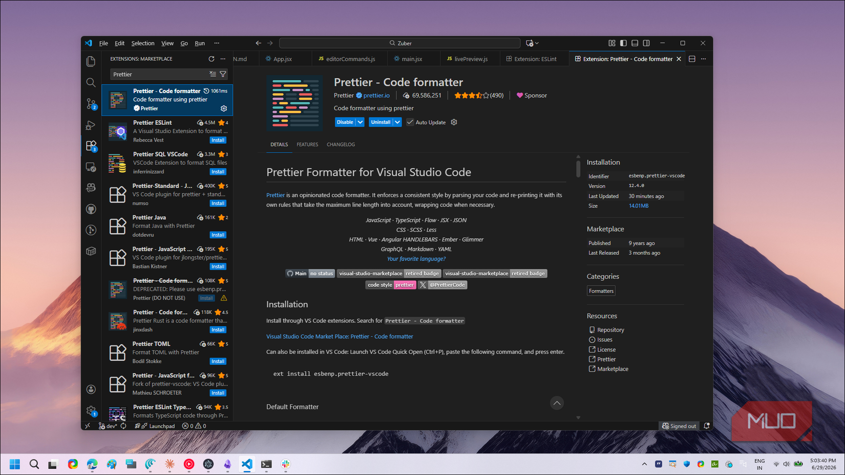 VS Code Marketplace Prettier Code Formatter 拡張ページ