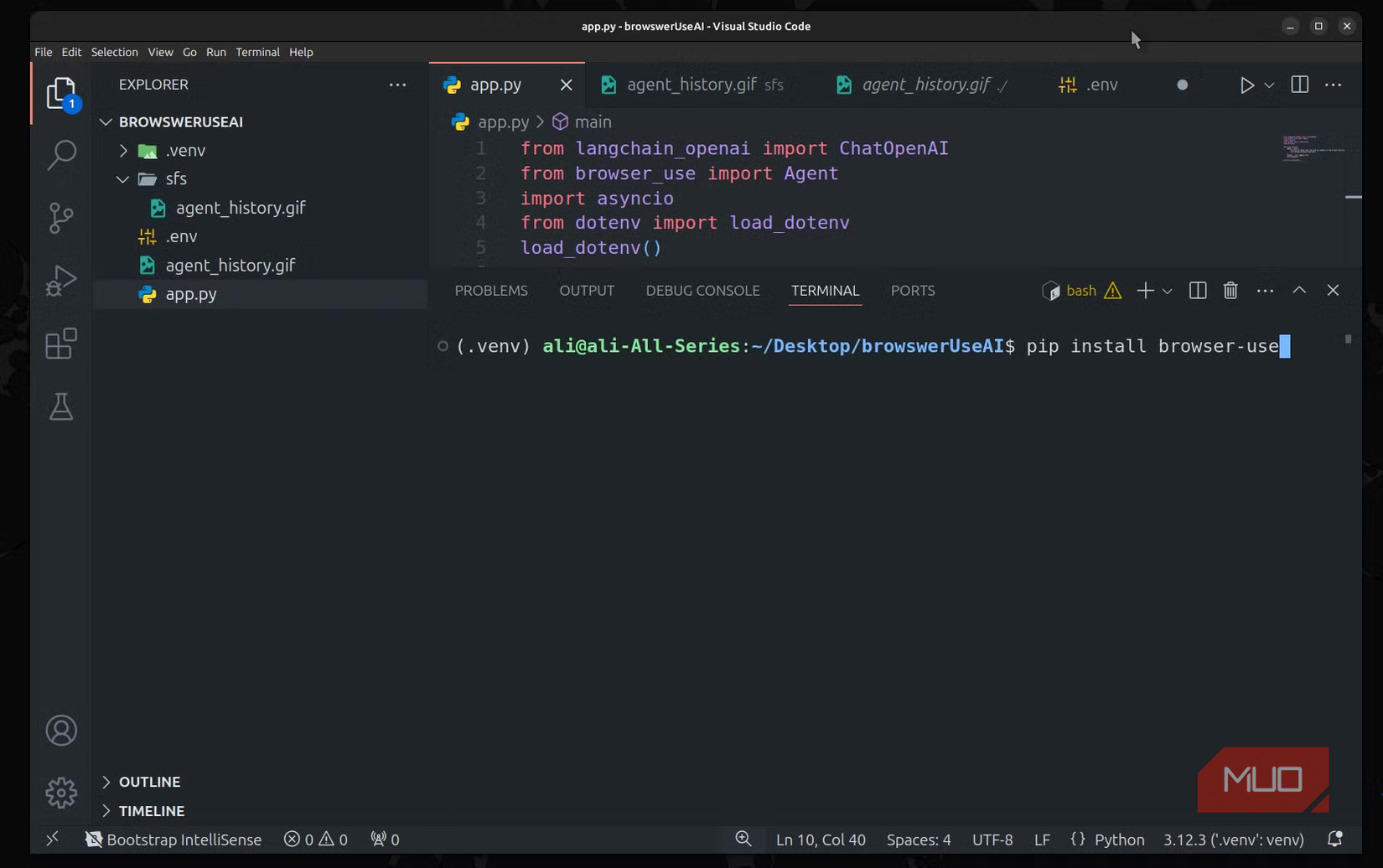 VS Code screen showing pip install browser-use code
