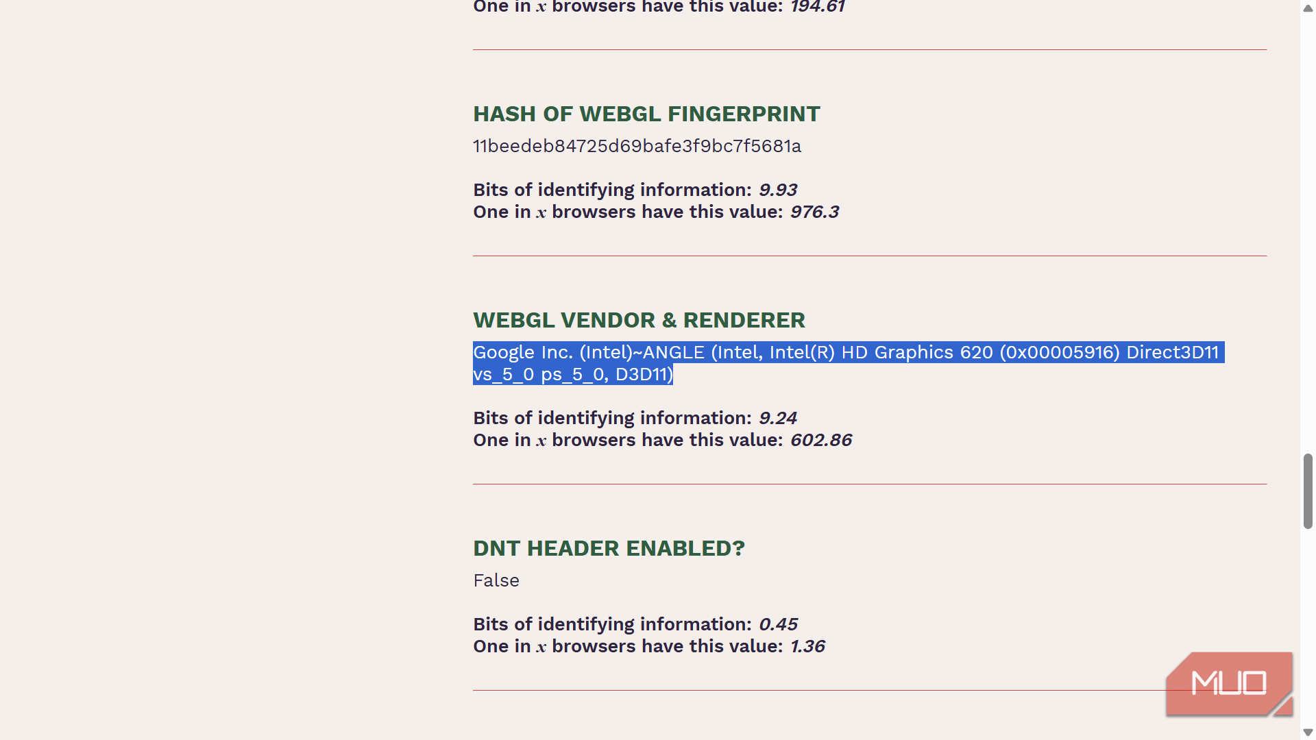 WebGL fingerprint and browser identifying information