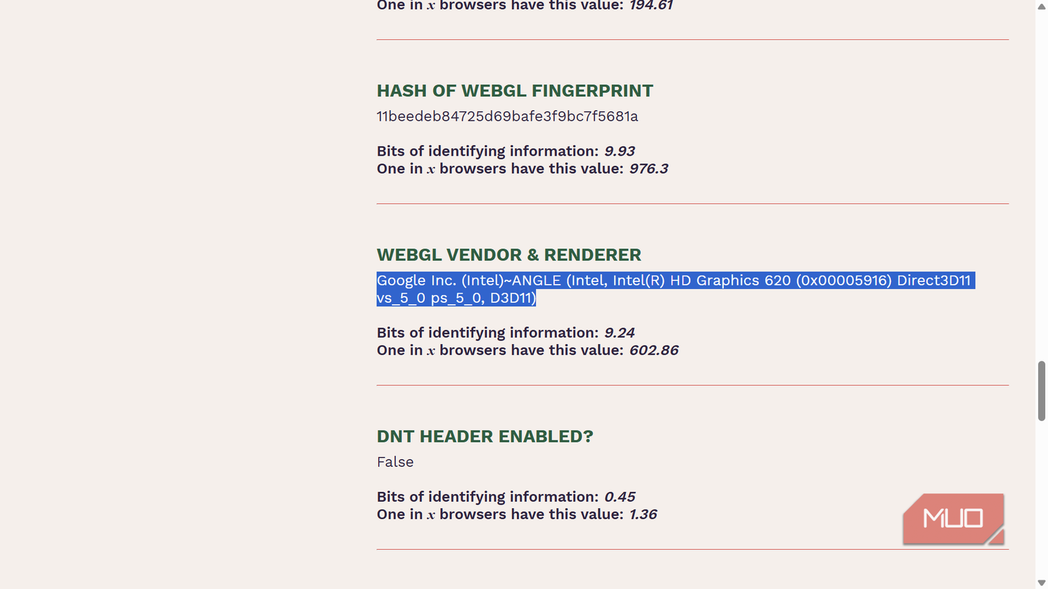 WebGL fingerprint and browser identifying information