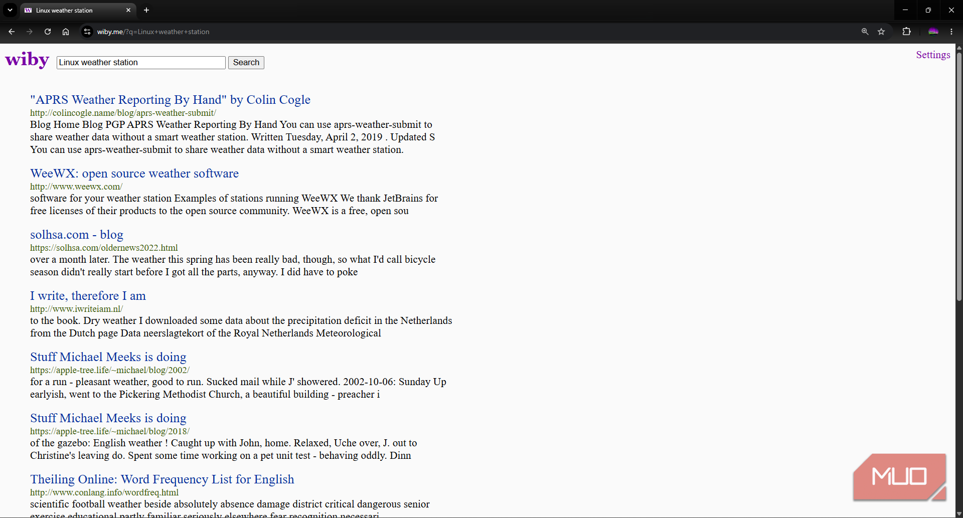 Wiby search engine results from query