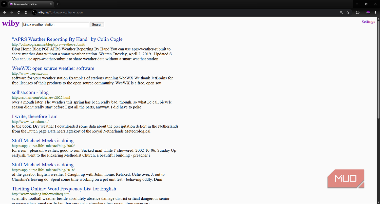 Wiby search engine results from query