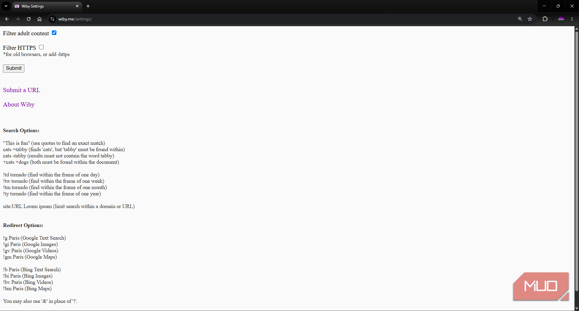 Wiby search engine operators settings page
