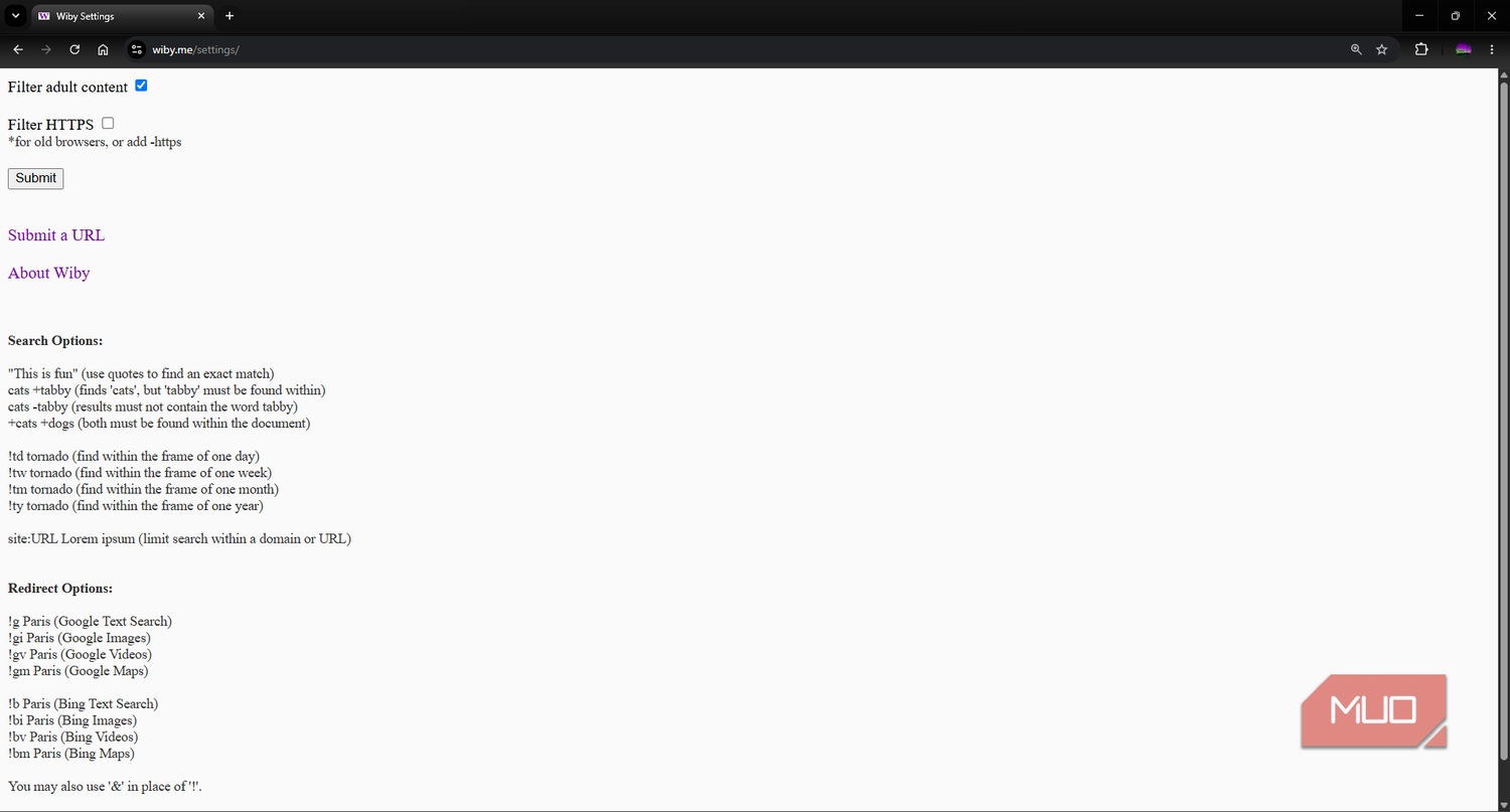 Wiby search engine operators settings page