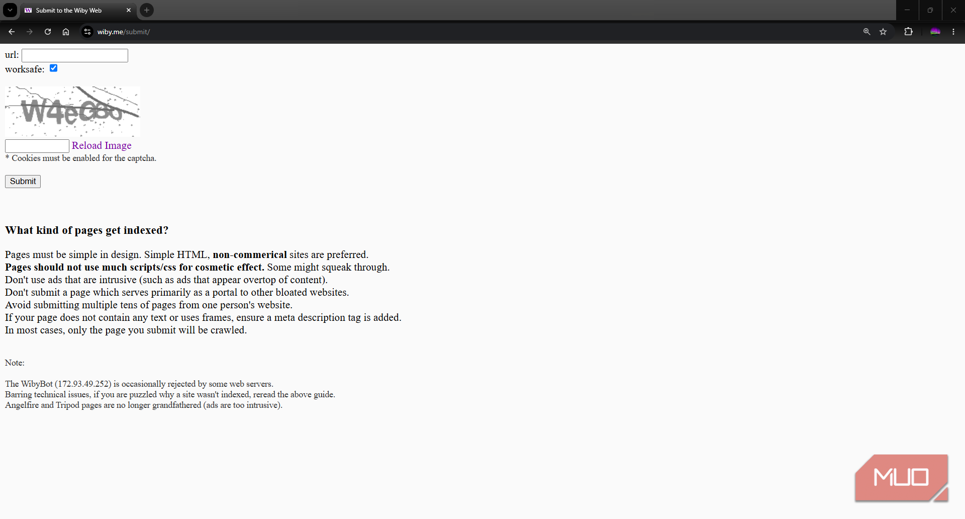 Wiby search engine submit page function for inclusion