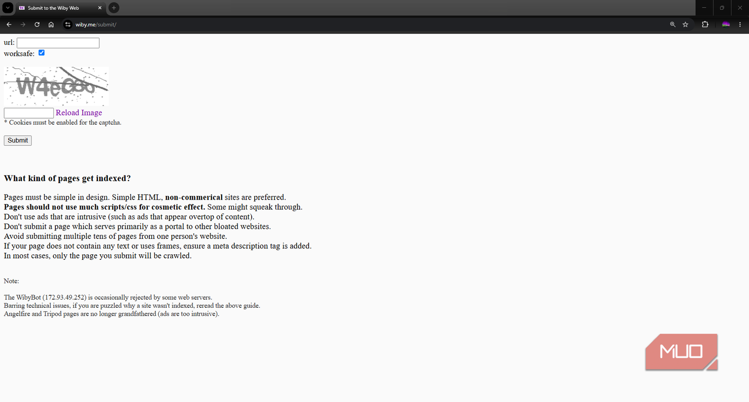 Wiby search engine submit page function for inclusion