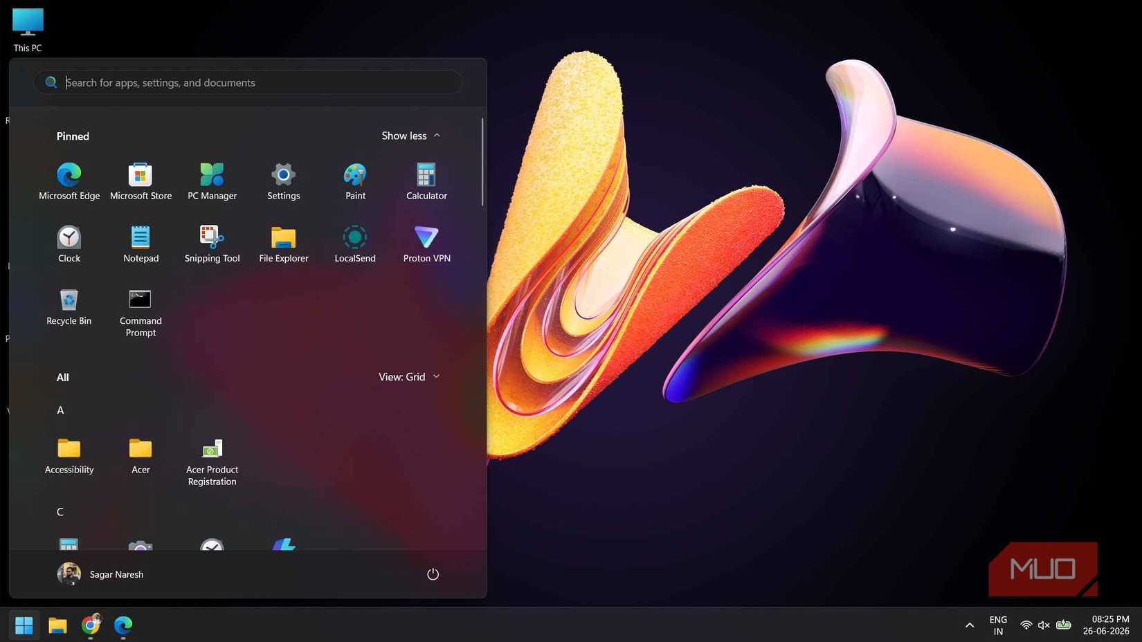 Windows 11 Start menu with several unwanted options disabled