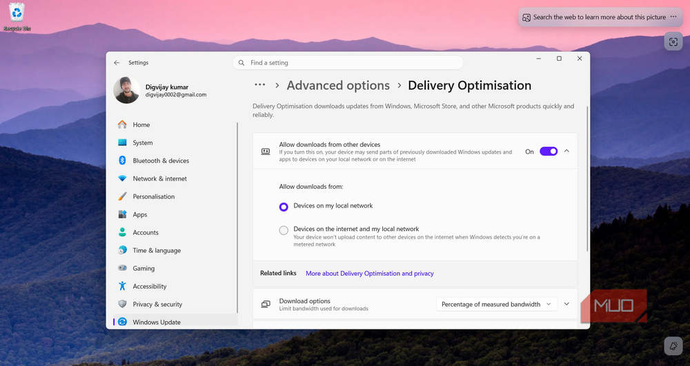 Delivery Optimization settings let you control how Windows uses your bandwidth for updates