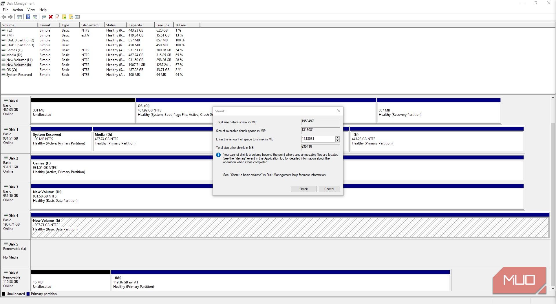 windows disk management drive values