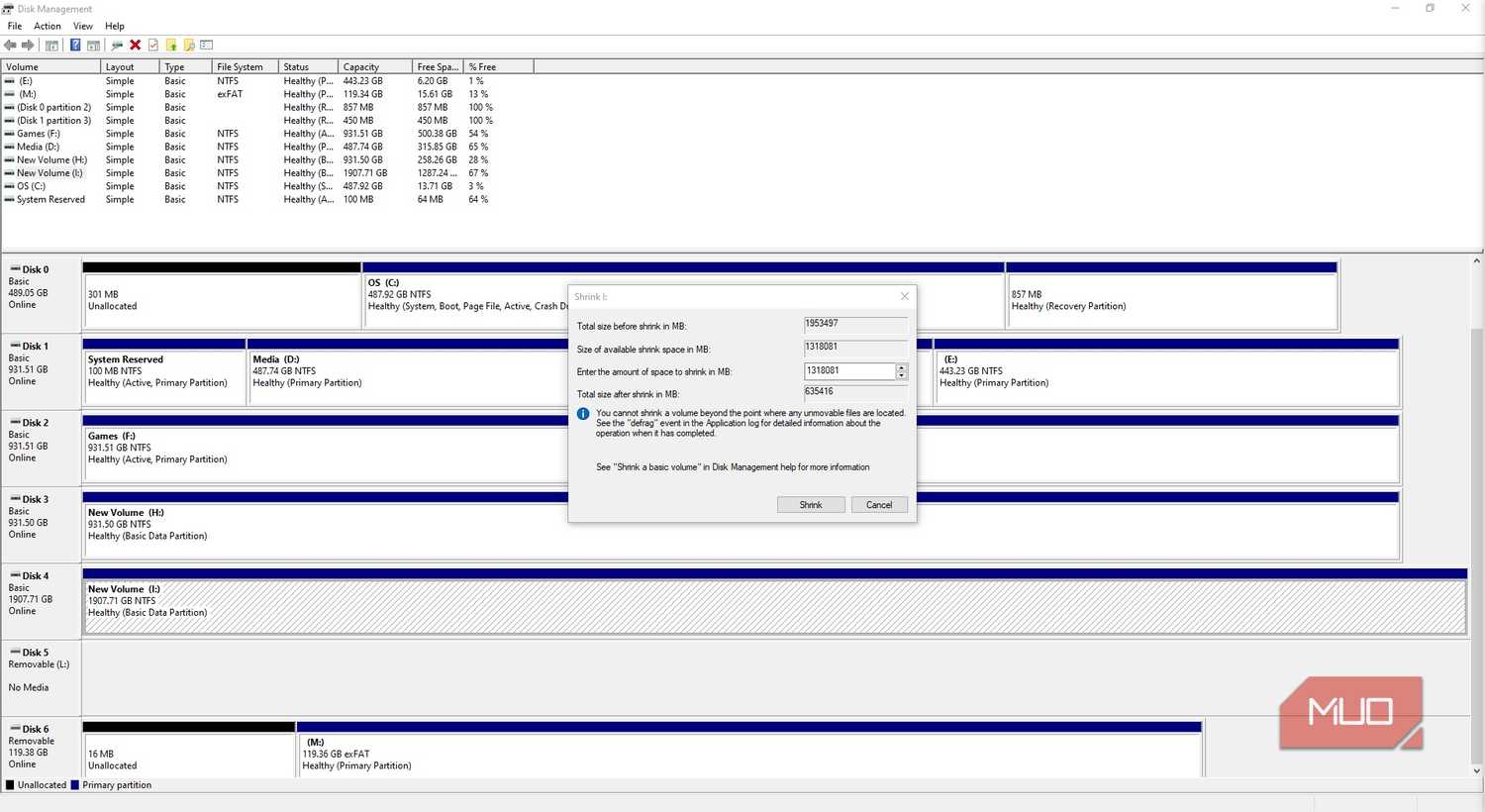 windows disk management drive values