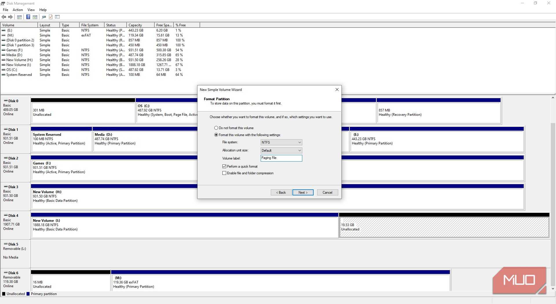 windows disk management set new partition
