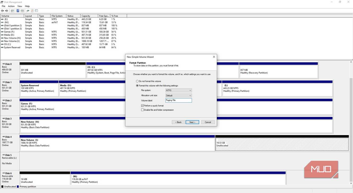 windows disk management set new partition
