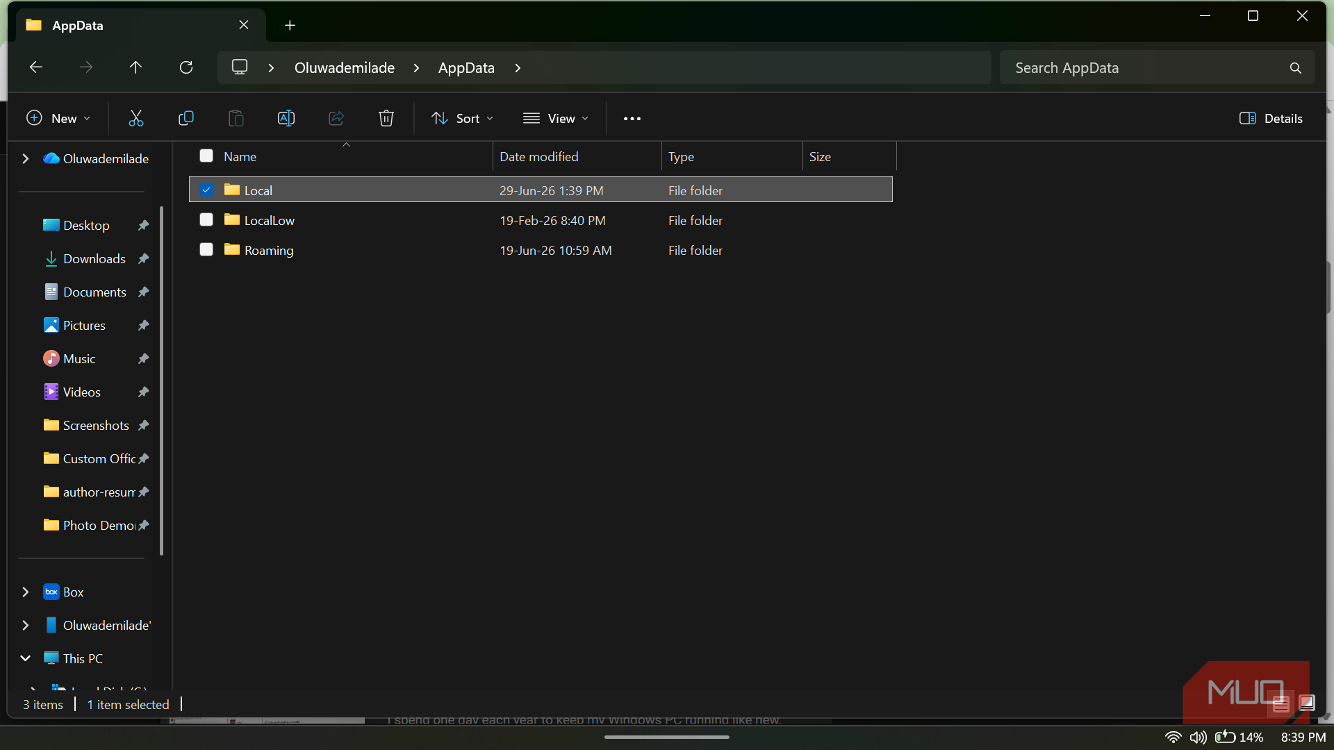 Windows file explorer showing app data folders