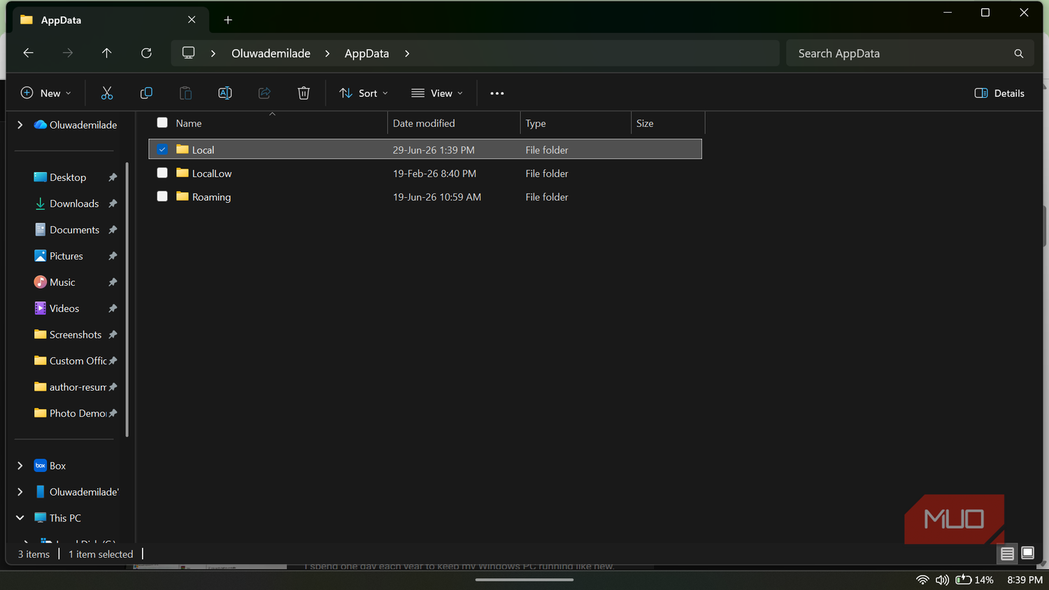 Windows file explorer showing app data folders