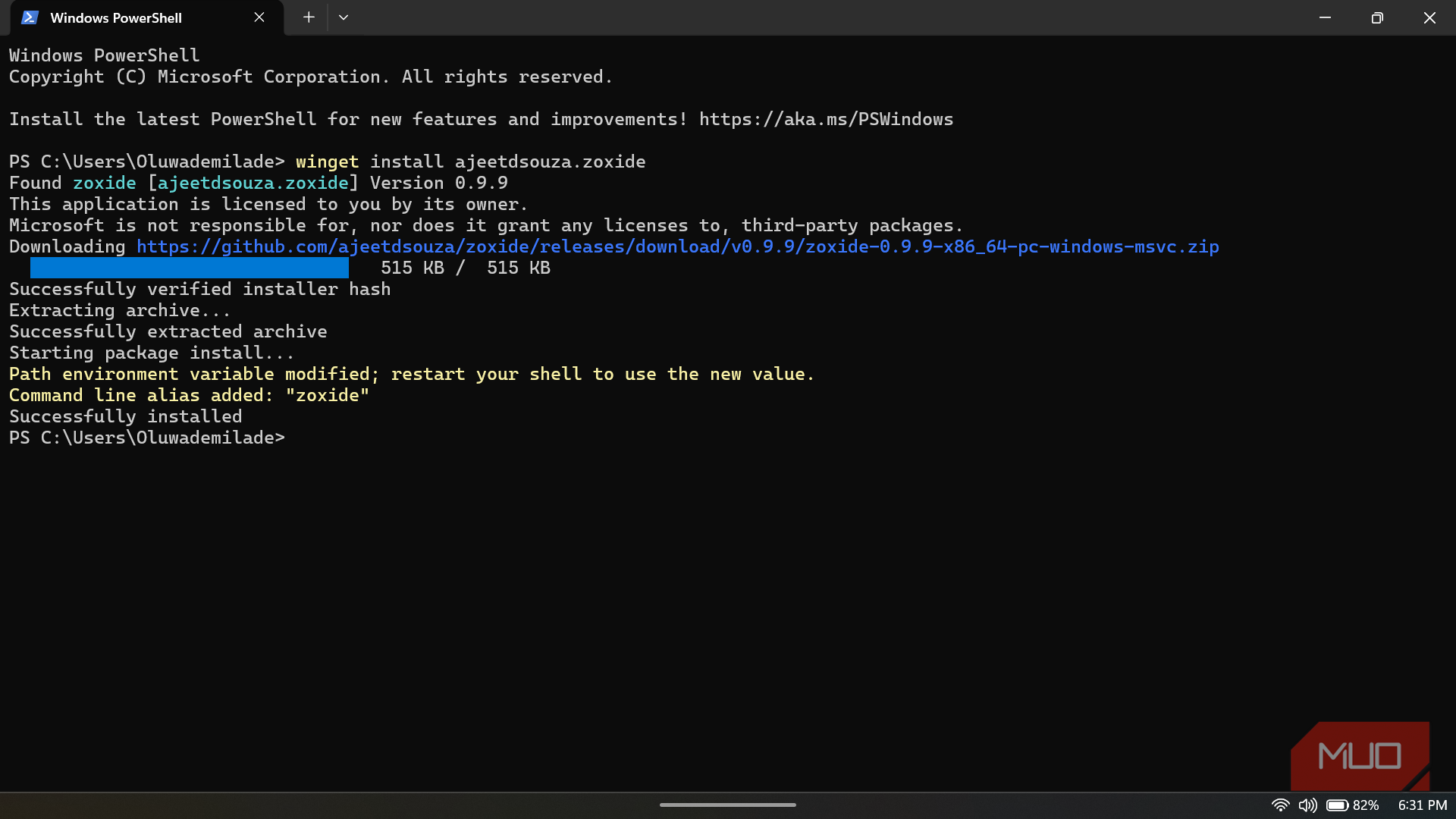 Windows Powershell installing zoxide software.
