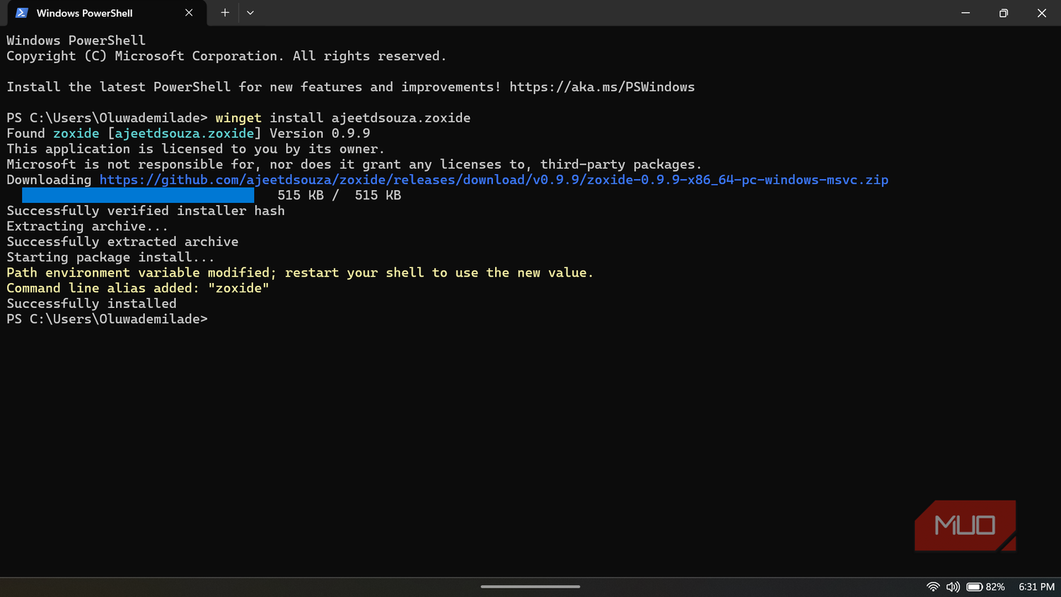 Windows Powershell installing zoxide software.