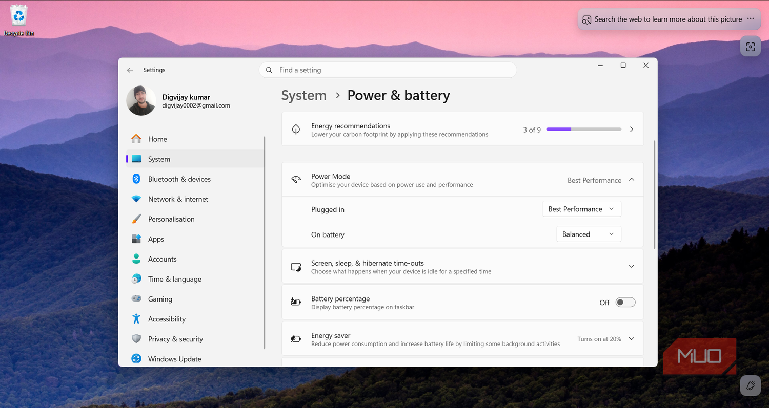Windows set to Best Performance mode