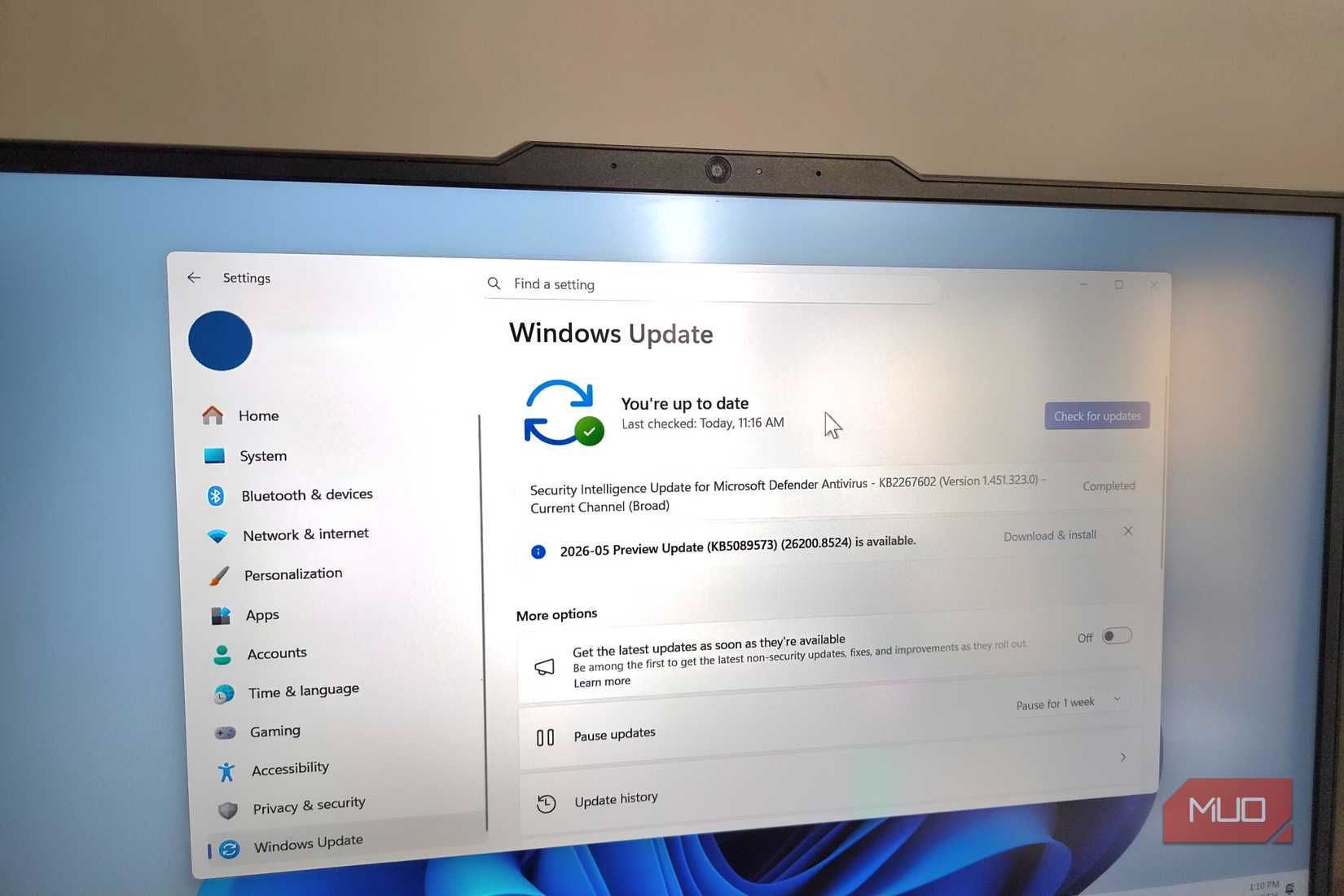 Windows Update tab on a laptop