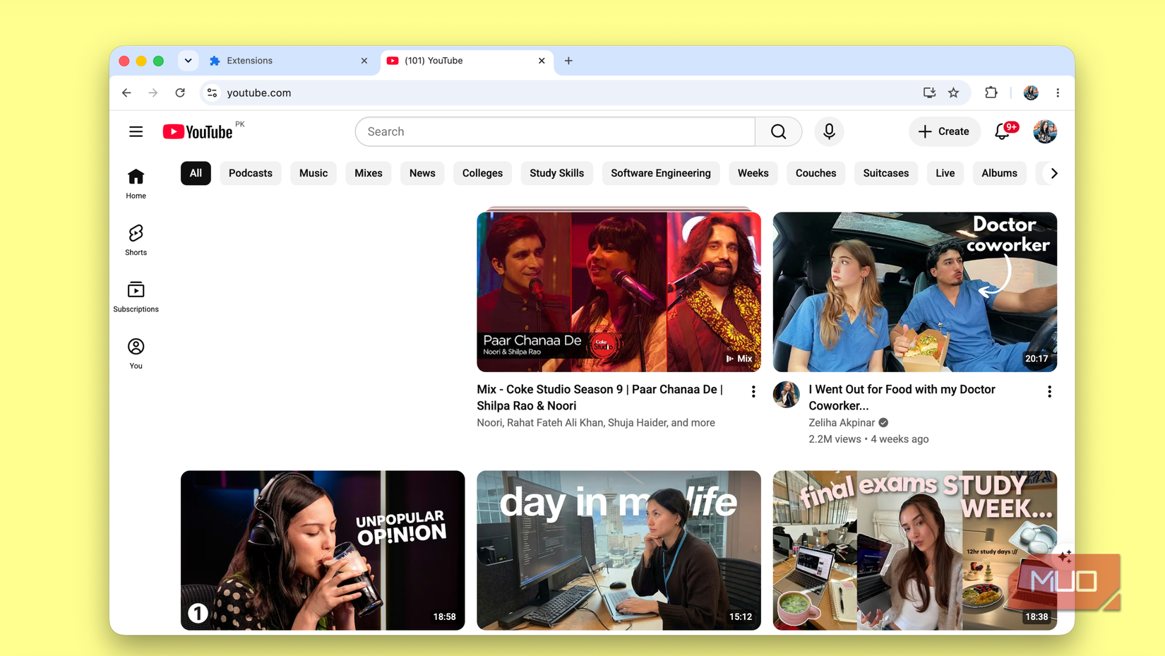 YouTube home feed with Coke Studio mix and Doctor coworker videos