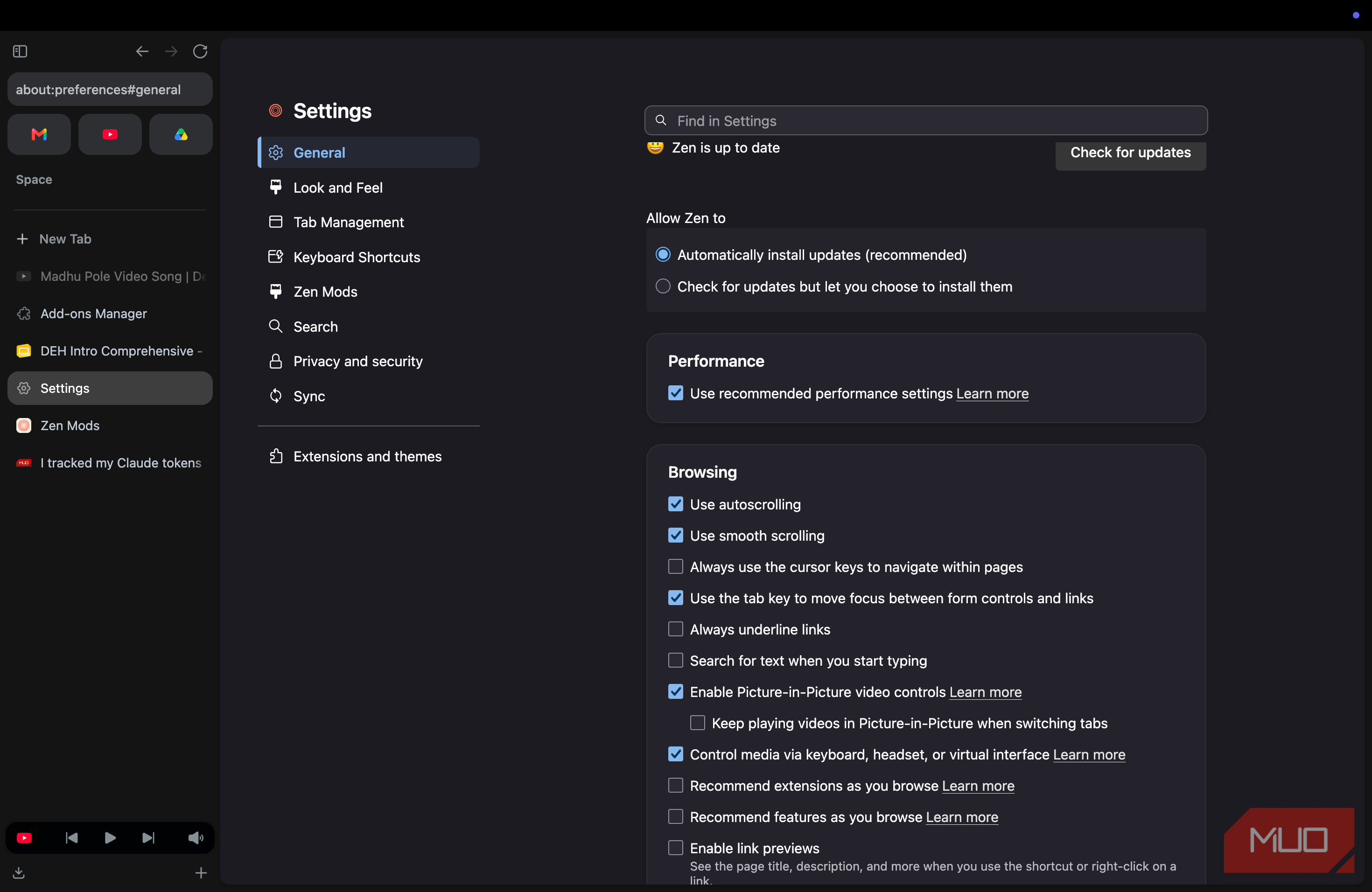 Zen Browser General Settings