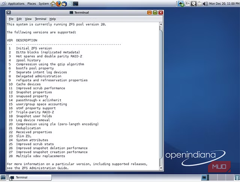 Zfs pool version supported features list in OpenIndiana.