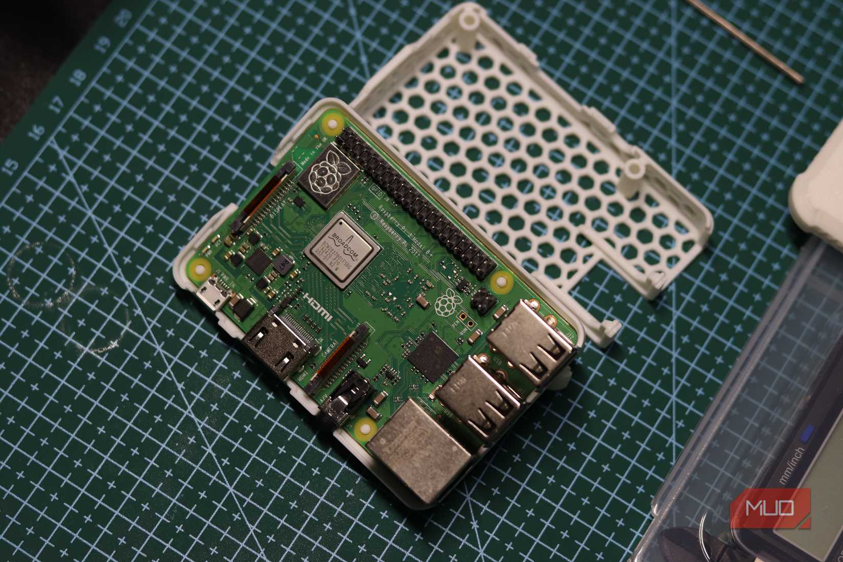 Zoomed out view of Raspberry Pi in a case.