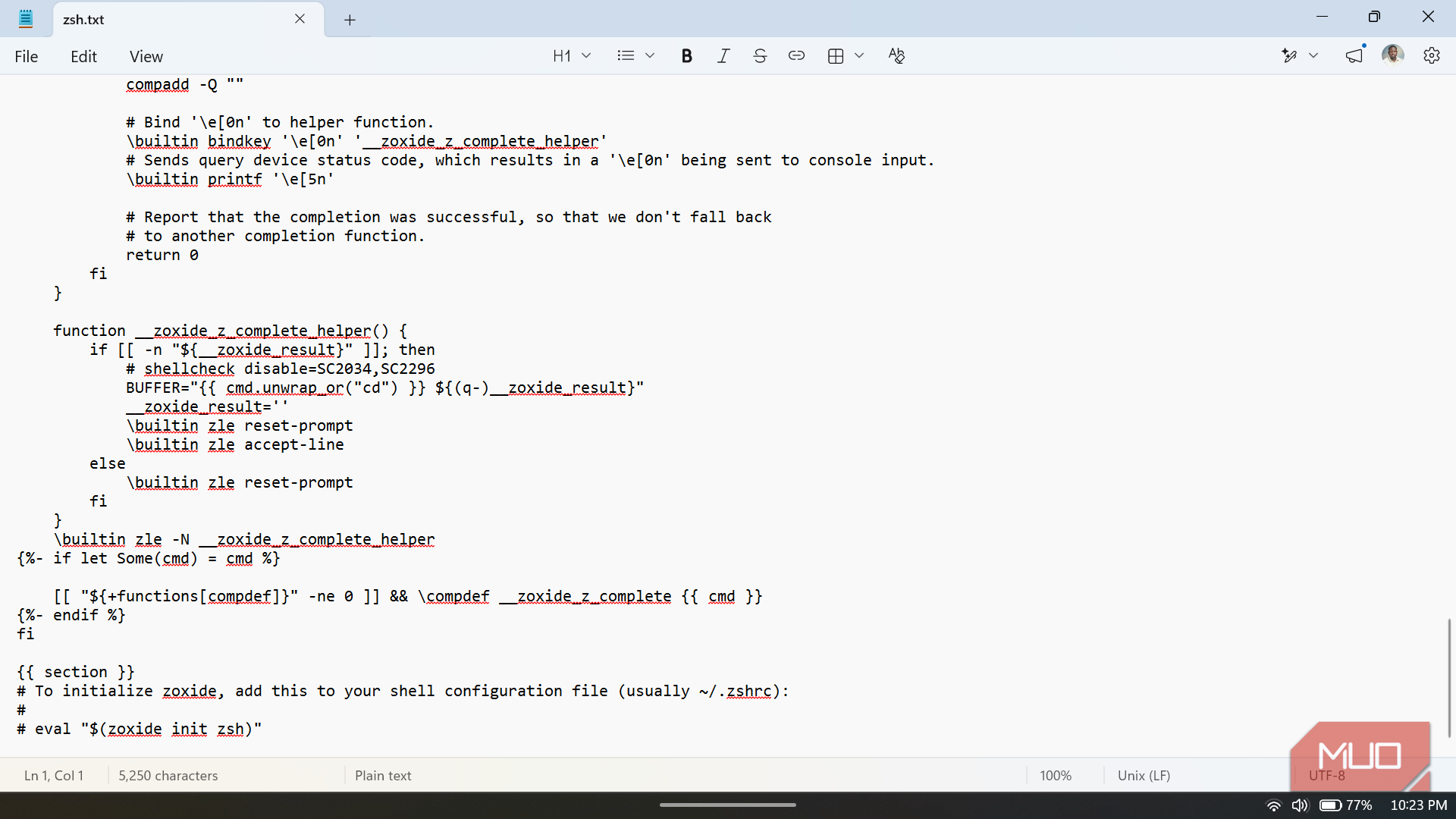 Zsh script with zoxide configuration code