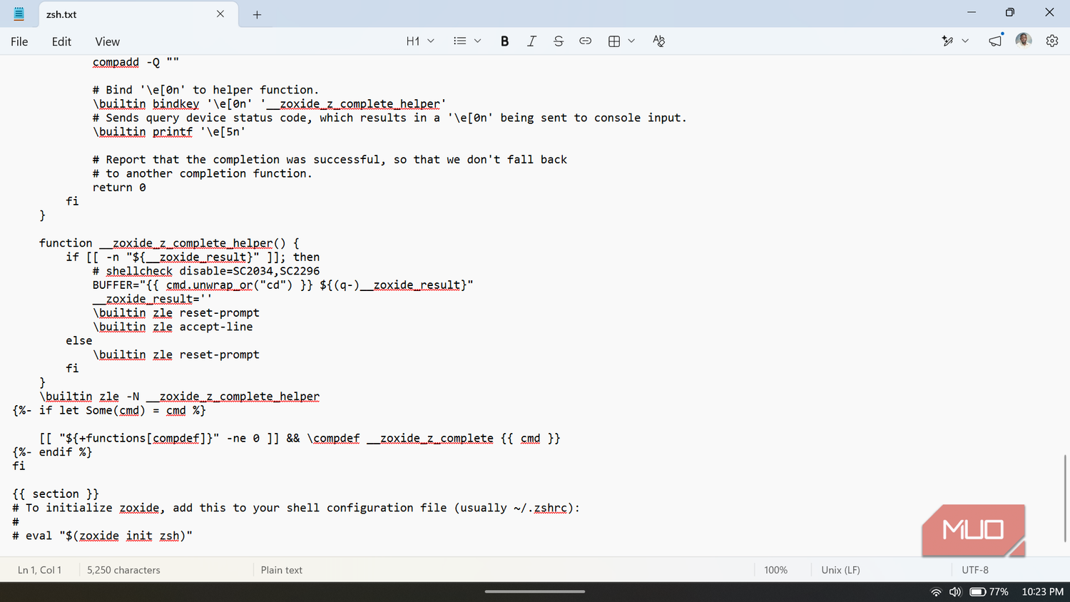 Zsh script with zoxide configuration code