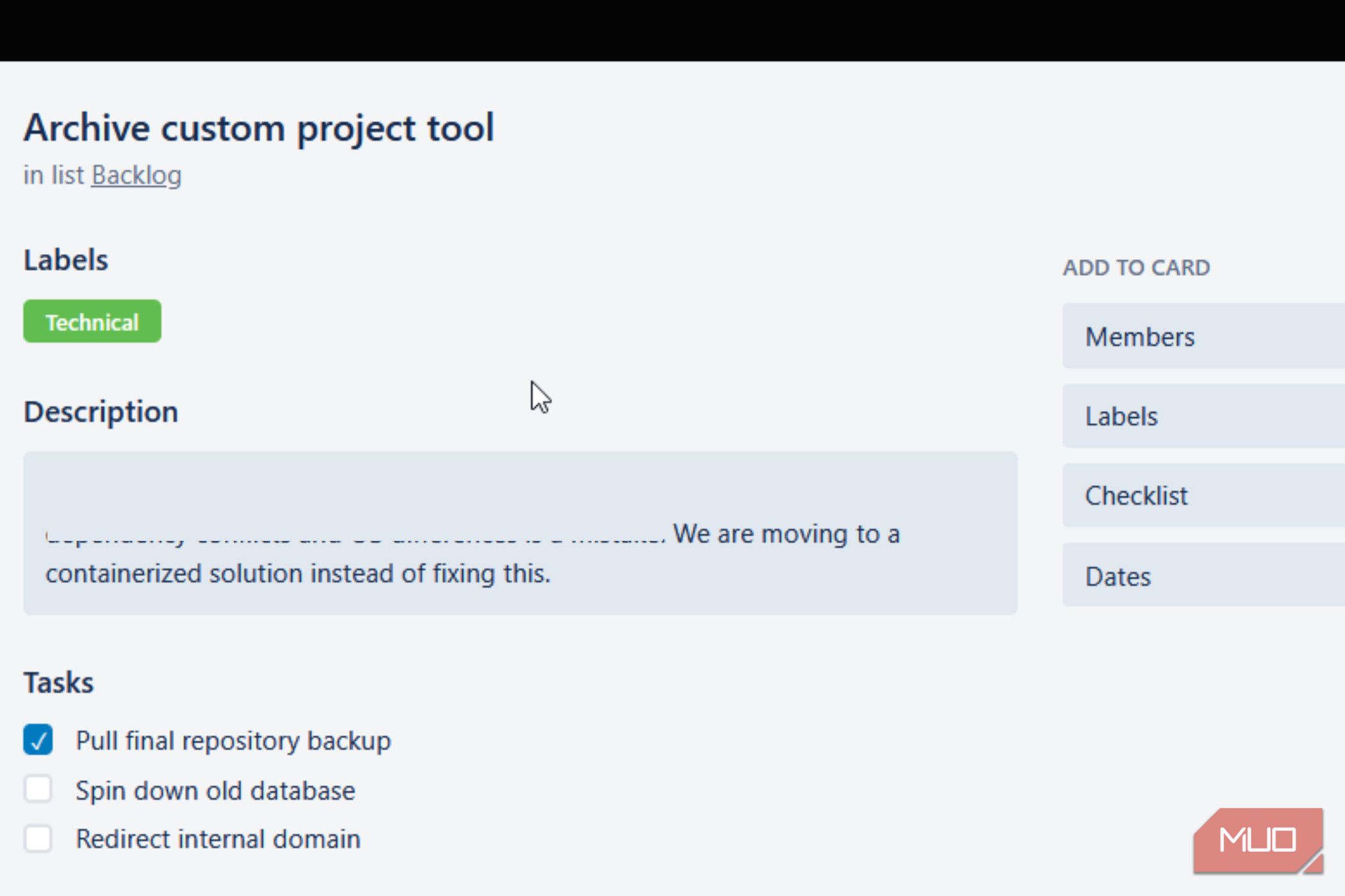 A card in PLanka about archiving a tool