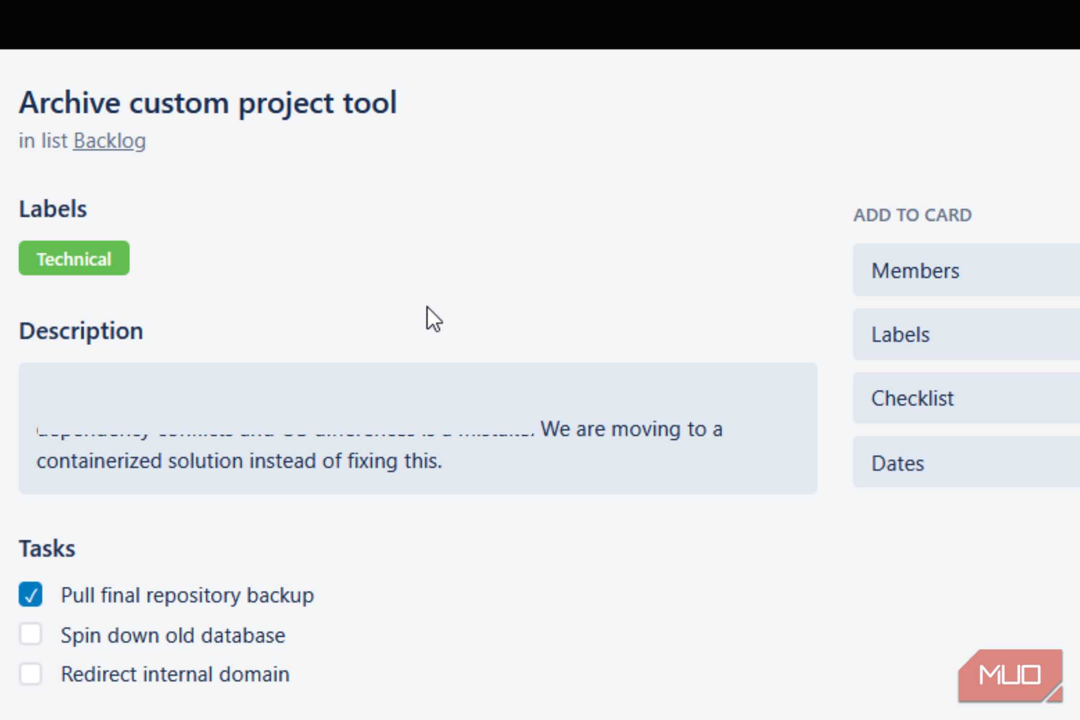 A card in PLanka about archiving a tool