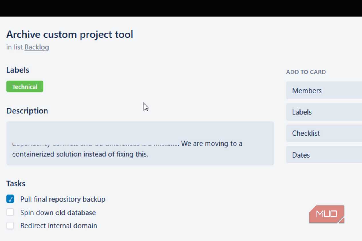 A card in PLanka about archiving a tool